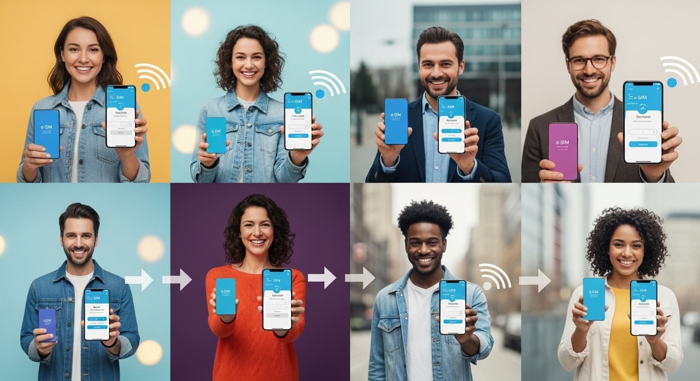 Person using smartphone with eSIM connectivity while traveling